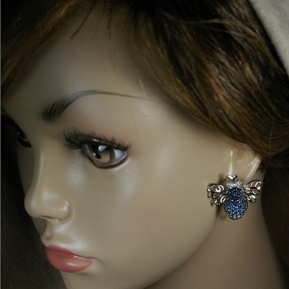 14k White Gold Bumble Bee Omega Earrings Blue Sapphire, Diamonds - Picture 3 of 6